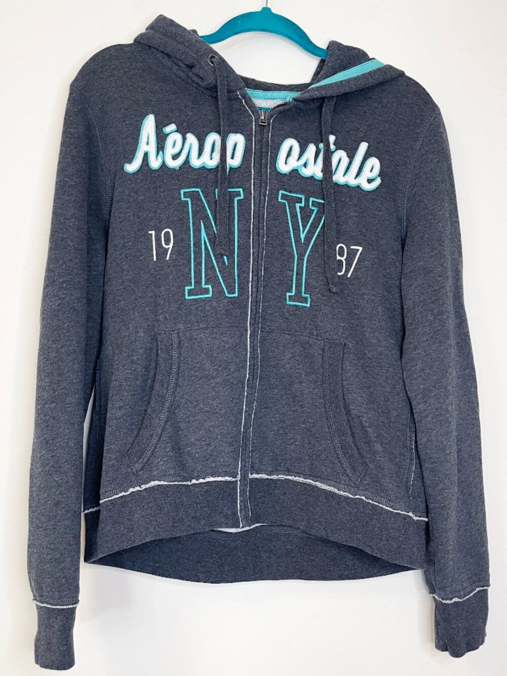 Aeropostale NY 1987 Full Zip Hoodie Gray Fleece Sweatshirt XL Y2K Casual